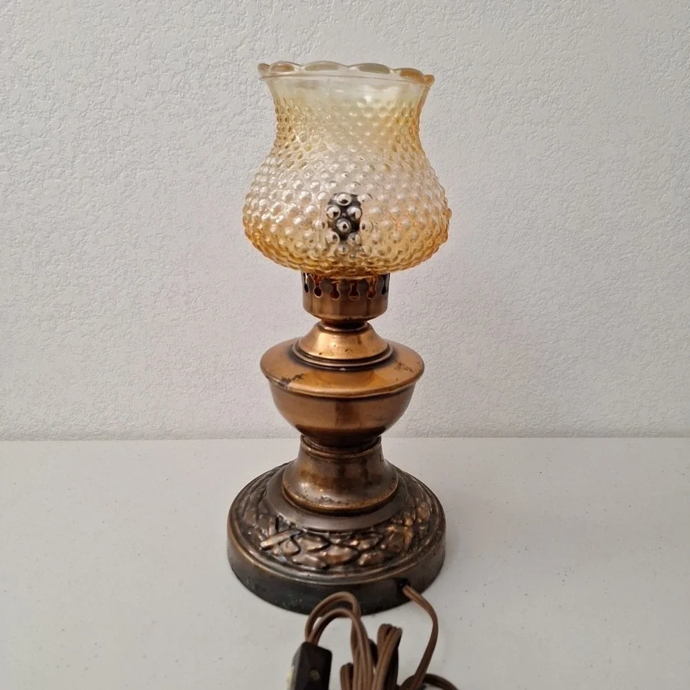 Victorian Style Vintage Table Hurricane Lamp COPPER BASE & AMBER HOBNAIL SHADE